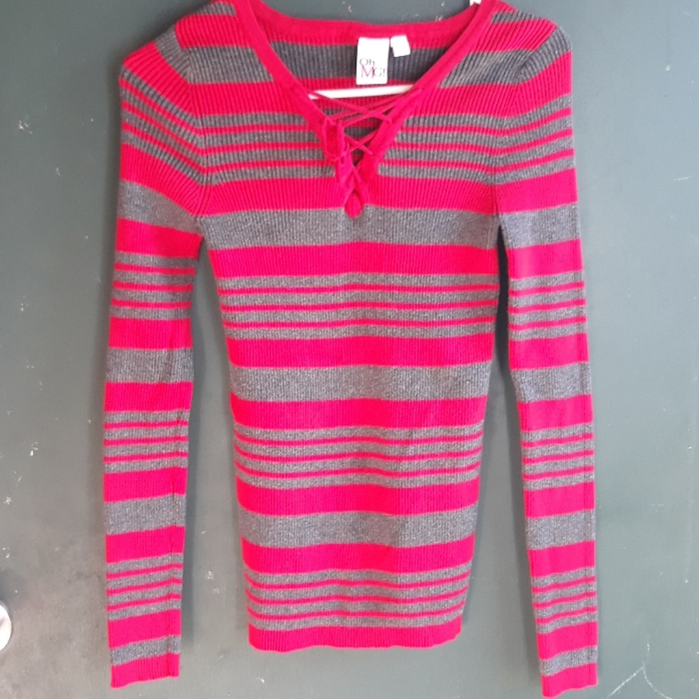 OhMG! Red and Gray Striped Sweater
